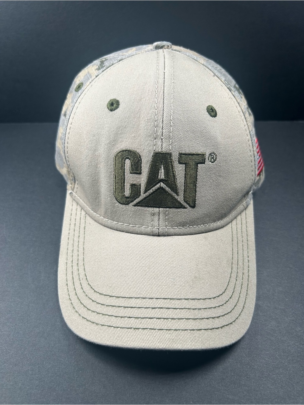CAT Logo Strap-back Adjustable Adult Baseball Cap in Khaki with Olive Embroidery